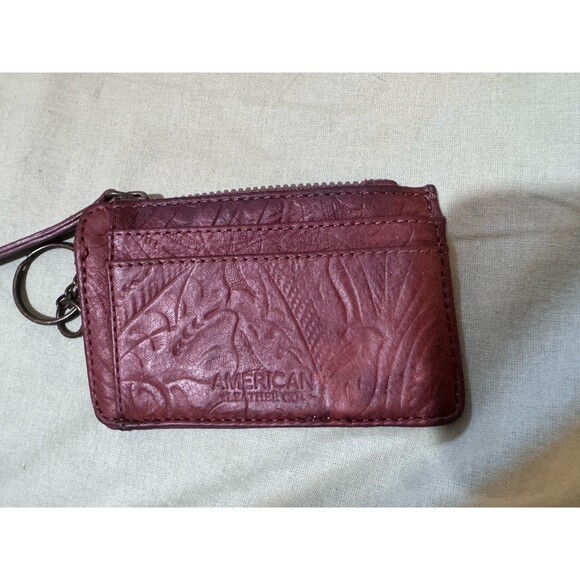 american leather Handbags - American Leather Co. Burgundy Zip-Around Wallet Tooled Pattern Key Ring